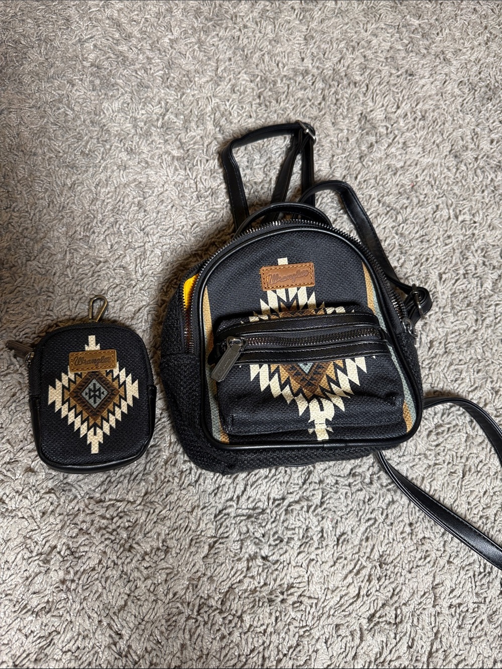 Wrangler Black Mini Backpack and coin purse keychain with Aztec Print